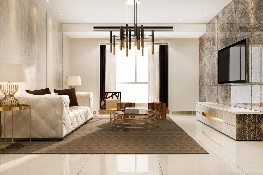 A Luxury modern living room with leather sofa lamp.